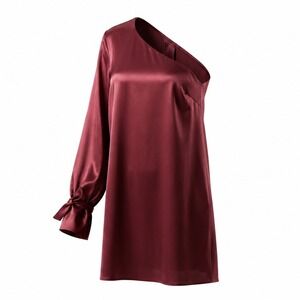 Tanya Taylor One Shoulder Mini Dress Womens 12 Burgundy Good‎ Satin Tie Cuff